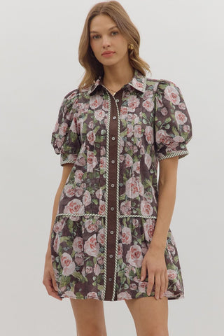 Entro Floral Print Puff Sleeve Mini Dress In Brown