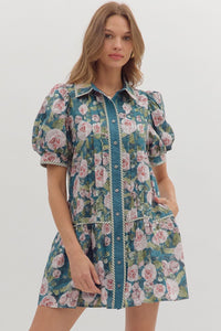 Entro Floral Print Puff Sleeve Mini Dress In Teal