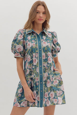 Entro Floral Print Puff Sleeve Mini Dress In Teal