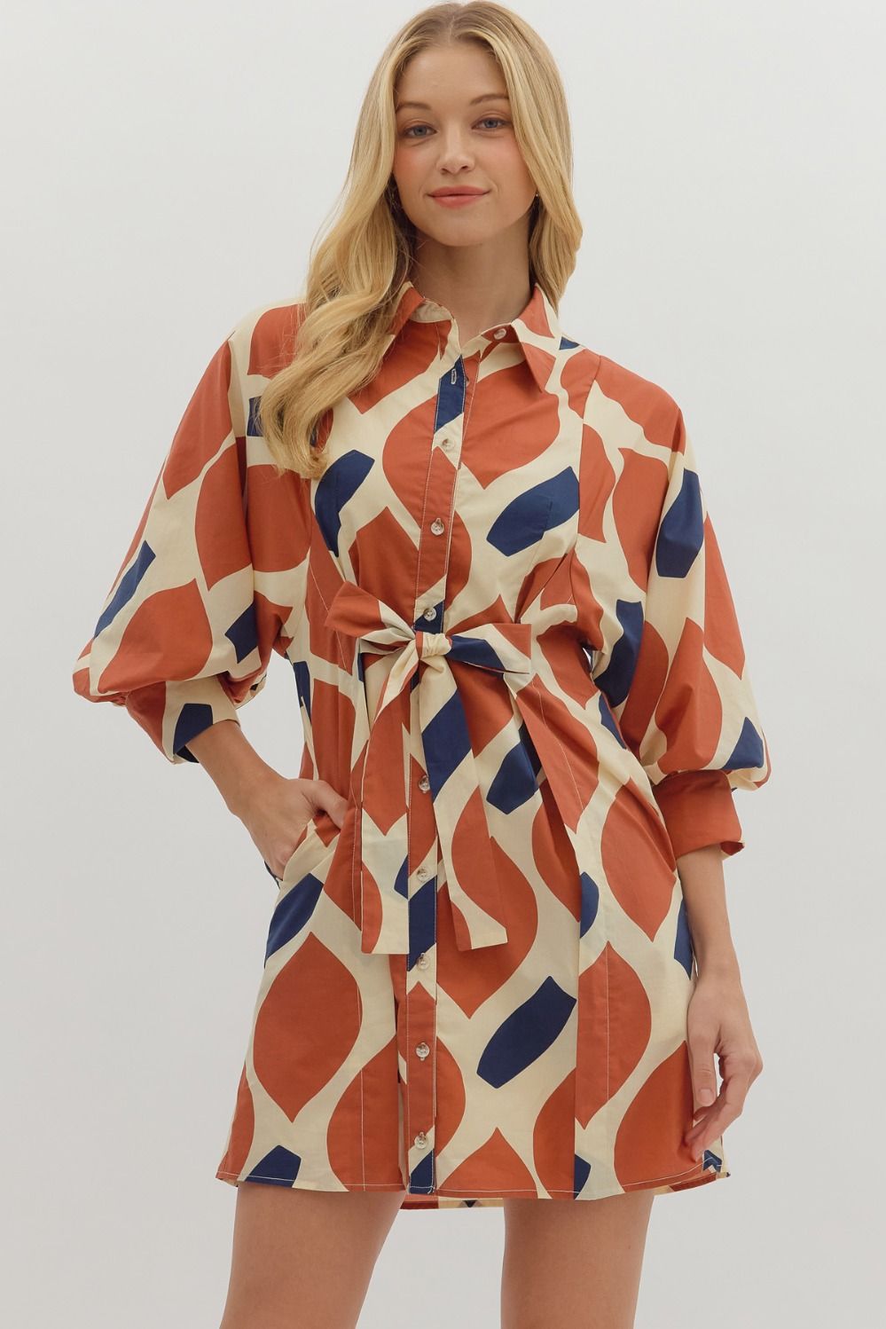 Entro 3/4 Sleeve Mini Dress With Tie Waist In Ecru Rust *COMING SOON*