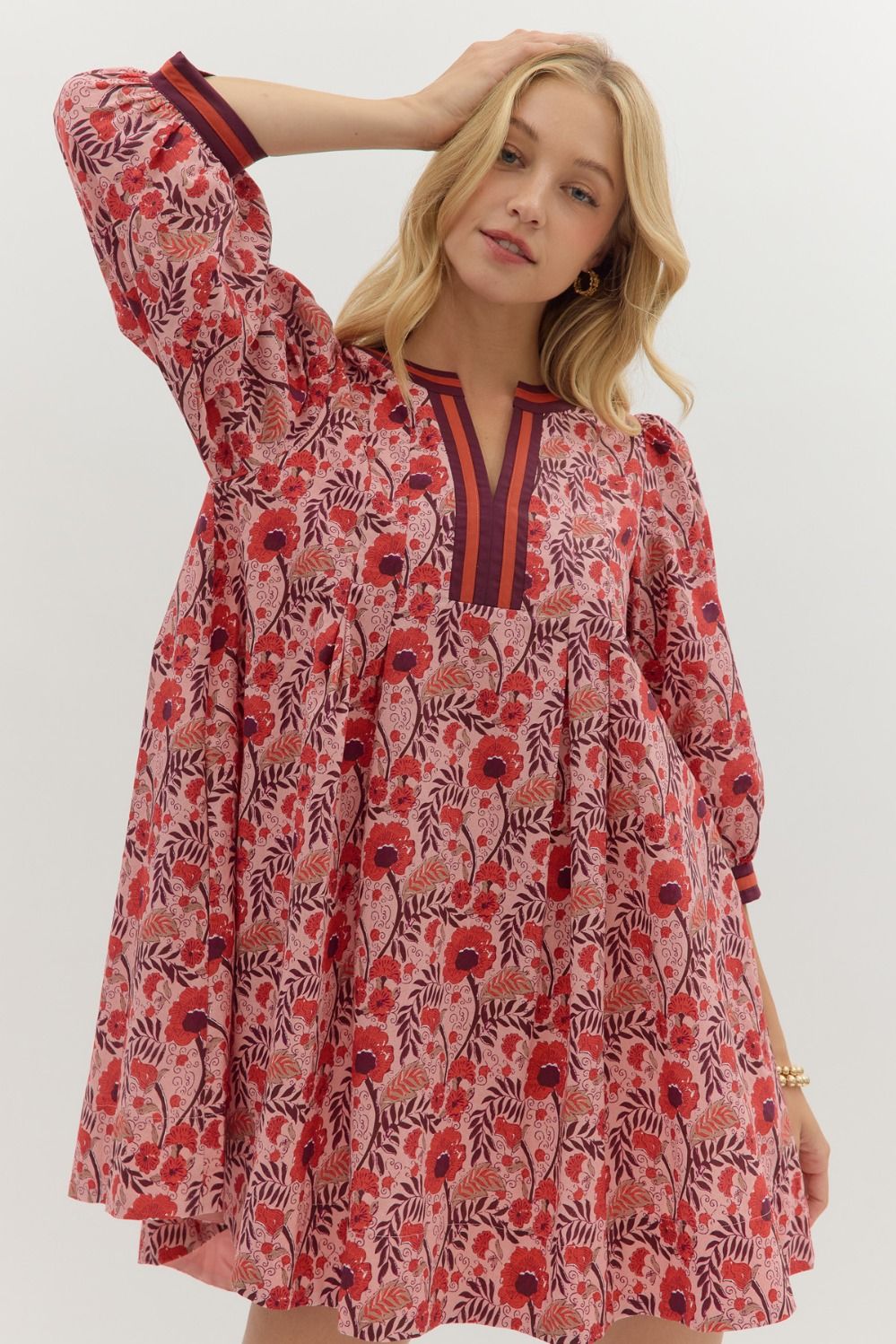 Entro Floral Print 3/4 Sleeve Mini Dress In Dusty Rose