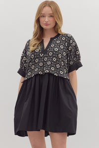 Entro Solid Short Sleeve Mini Dress With Floral Overlay In Black