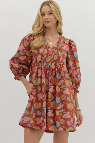 Entro Floral 3/4 Sleeve Mini Dress In Brick