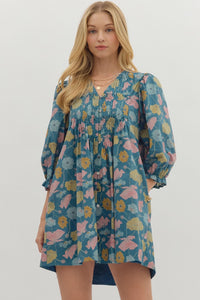Entro Floral 3/4 Sleeve Mini Dress In Teal