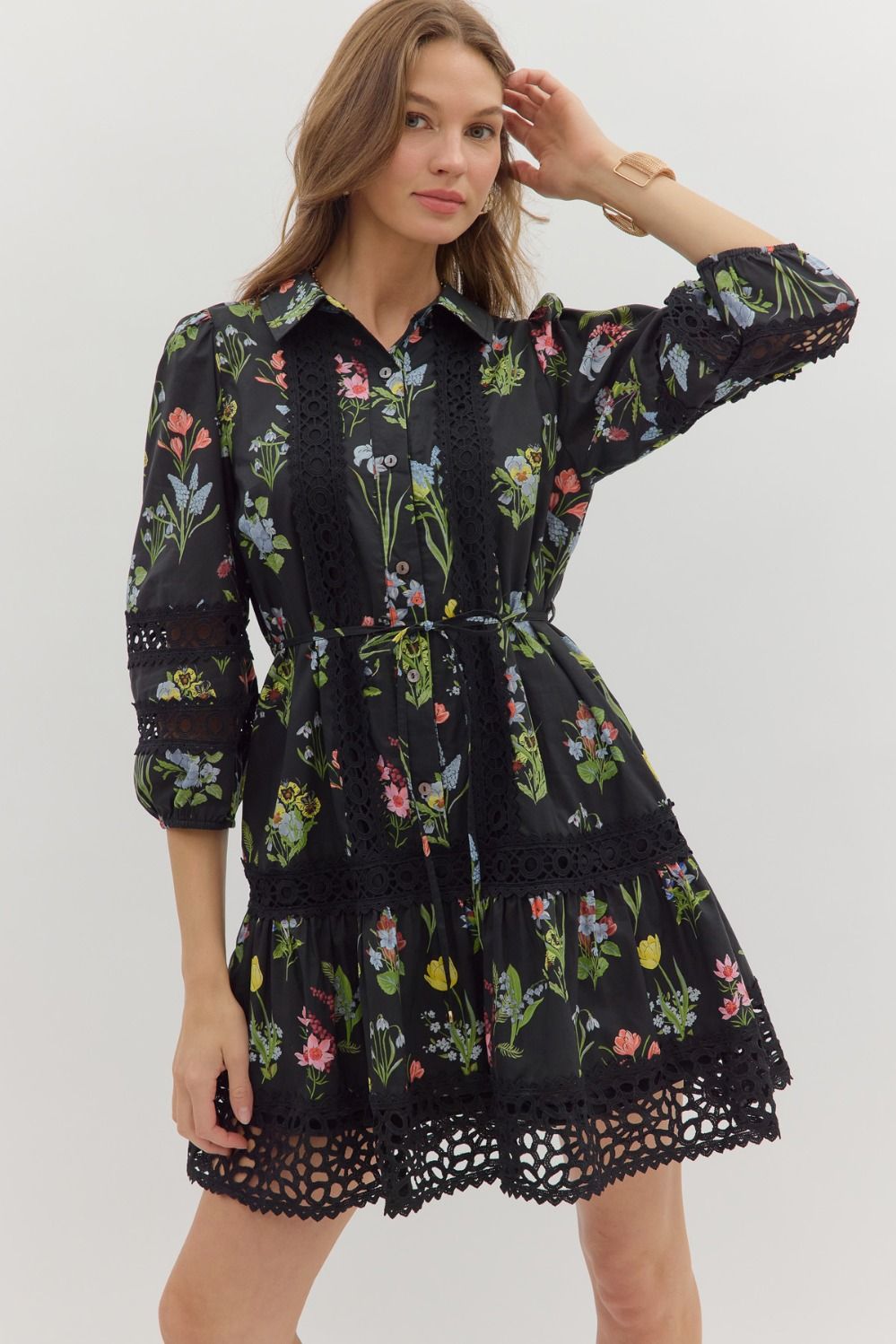 ENTRO Black Floral Mini Dress With Lace Accents