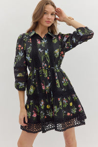 ENTRO Black Floral Mini Dress With Lace Accents