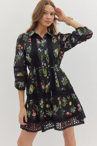 ENTRO Black Floral Mini Dress With Lace Accents