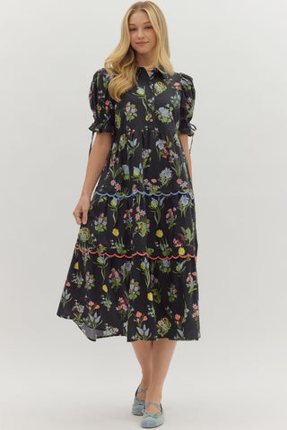 ENTRO Botanical Print Puff Sleeve Midi Dress In Black *COMING SOON*