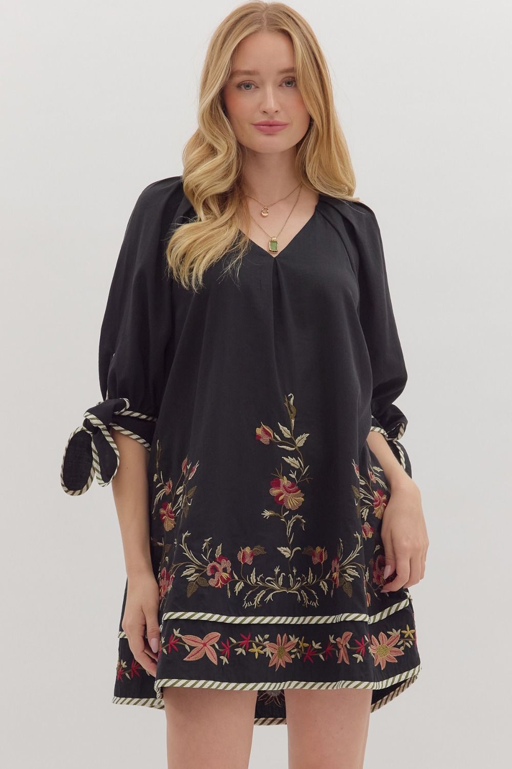 ENTRO Floral Embroidery 3/4 Sleeve Mini Dress In Black *COMING SOON*