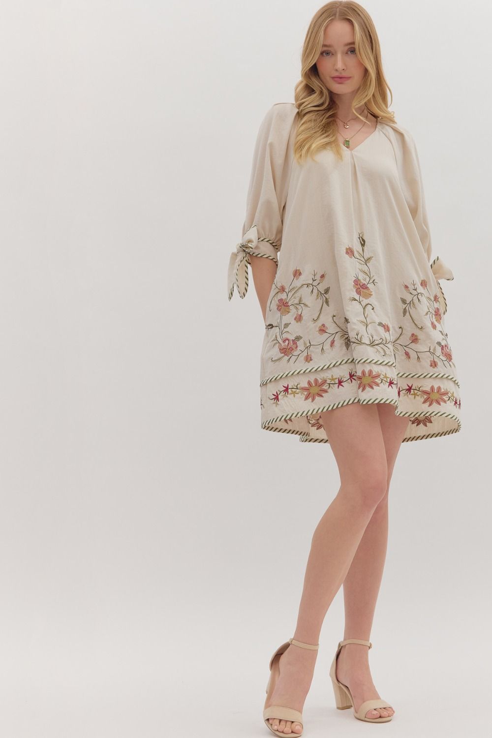 ENTRO Floral Embroidery 3/4 Sleeve Mini Dress In Ecru *COMING SOON*