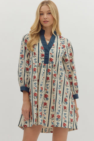 Entro Floral Stripe 3/4 Sleeve Mini Dress In Ecru Navy *COMING SOON*