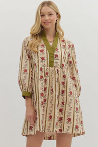 Entro Floral Stripe 3/4 Sleeve Mini Dress In Olive *COMING SOON*