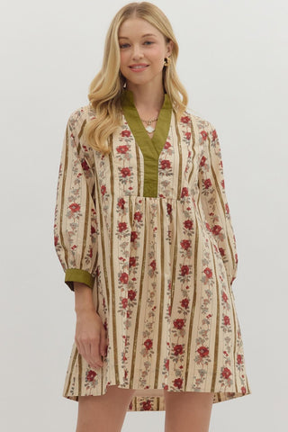 Entro Floral Stripe 3/4 Sleeve Mini Dress In Olive *COMING SOON*