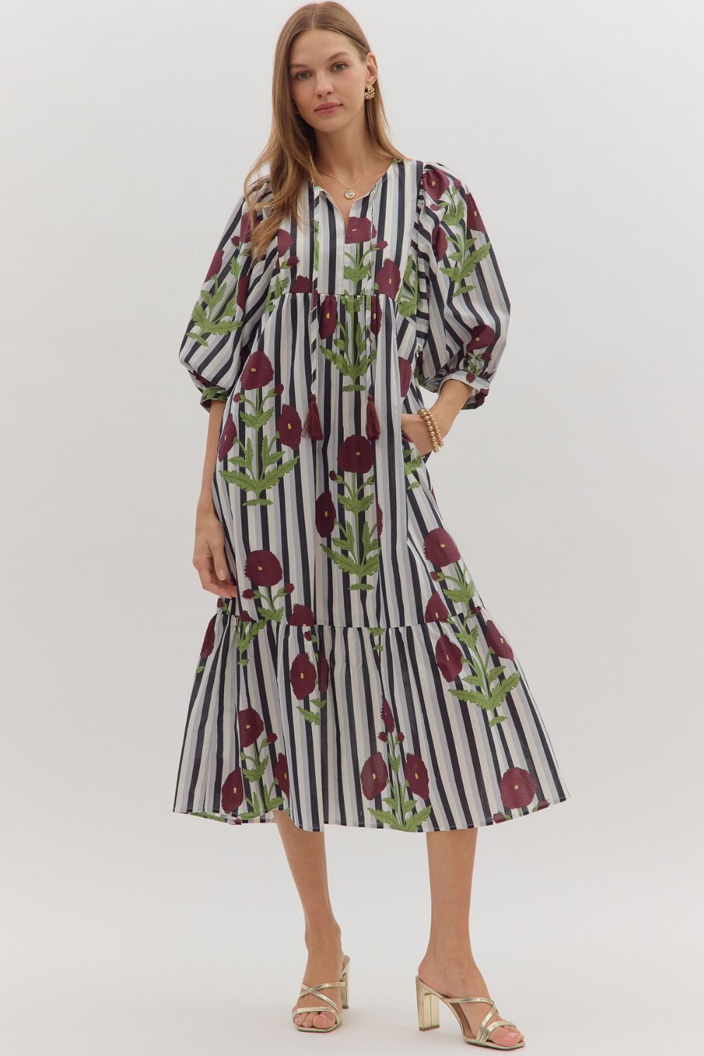 ENTRO Striped Puff Sleeve Midi Dress In Charcoal