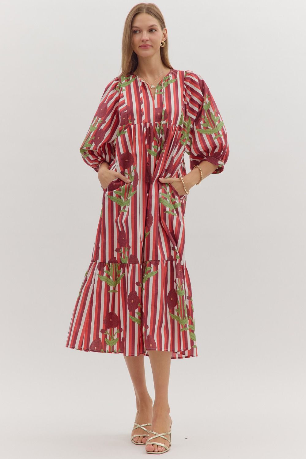 ENTRO Striped Puff Sleeve Midi Dress In Garnet