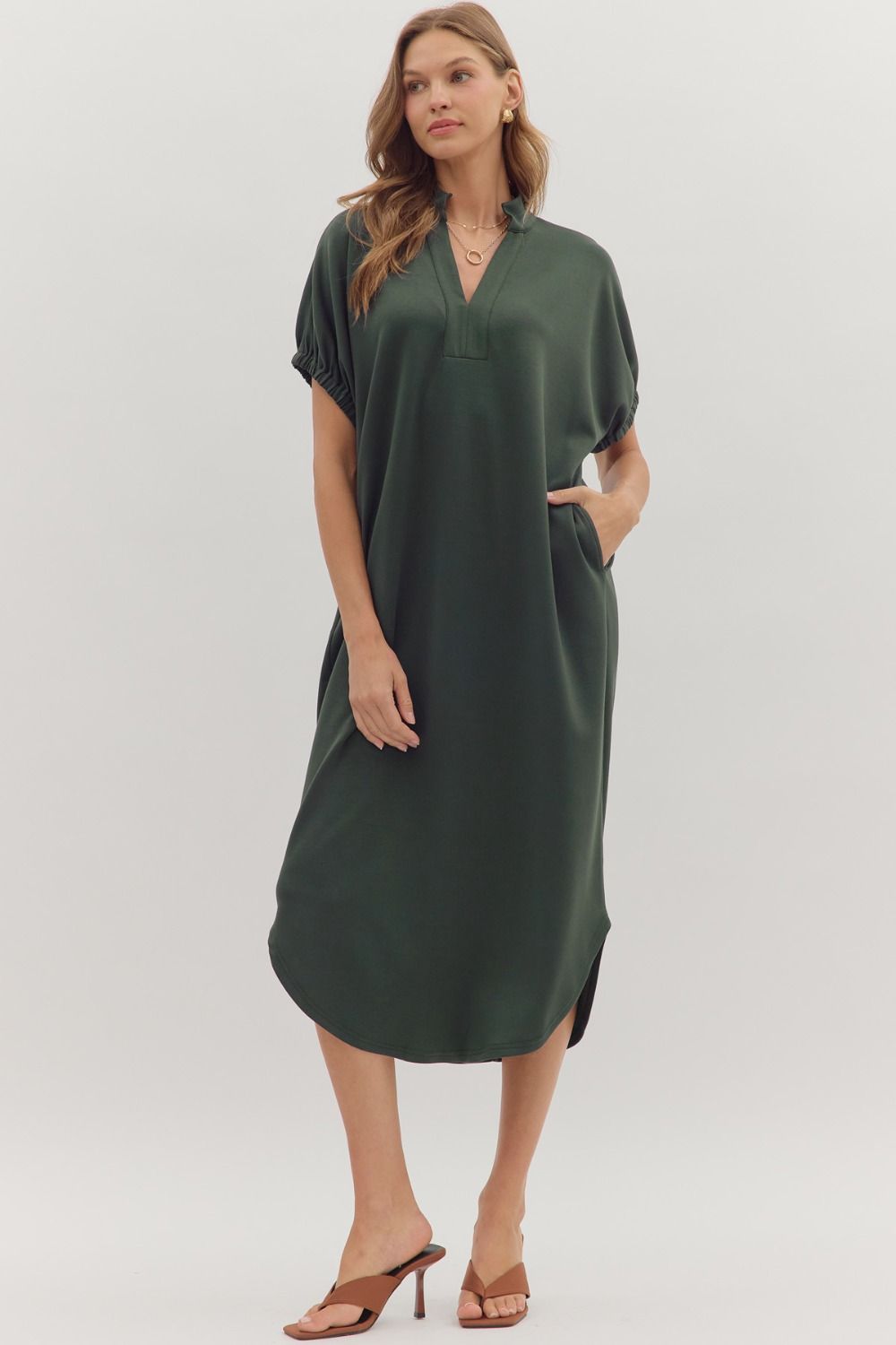 ENTRO Short Sleeve Midi Dress With Banded Collar In Forest *COMING SOON*