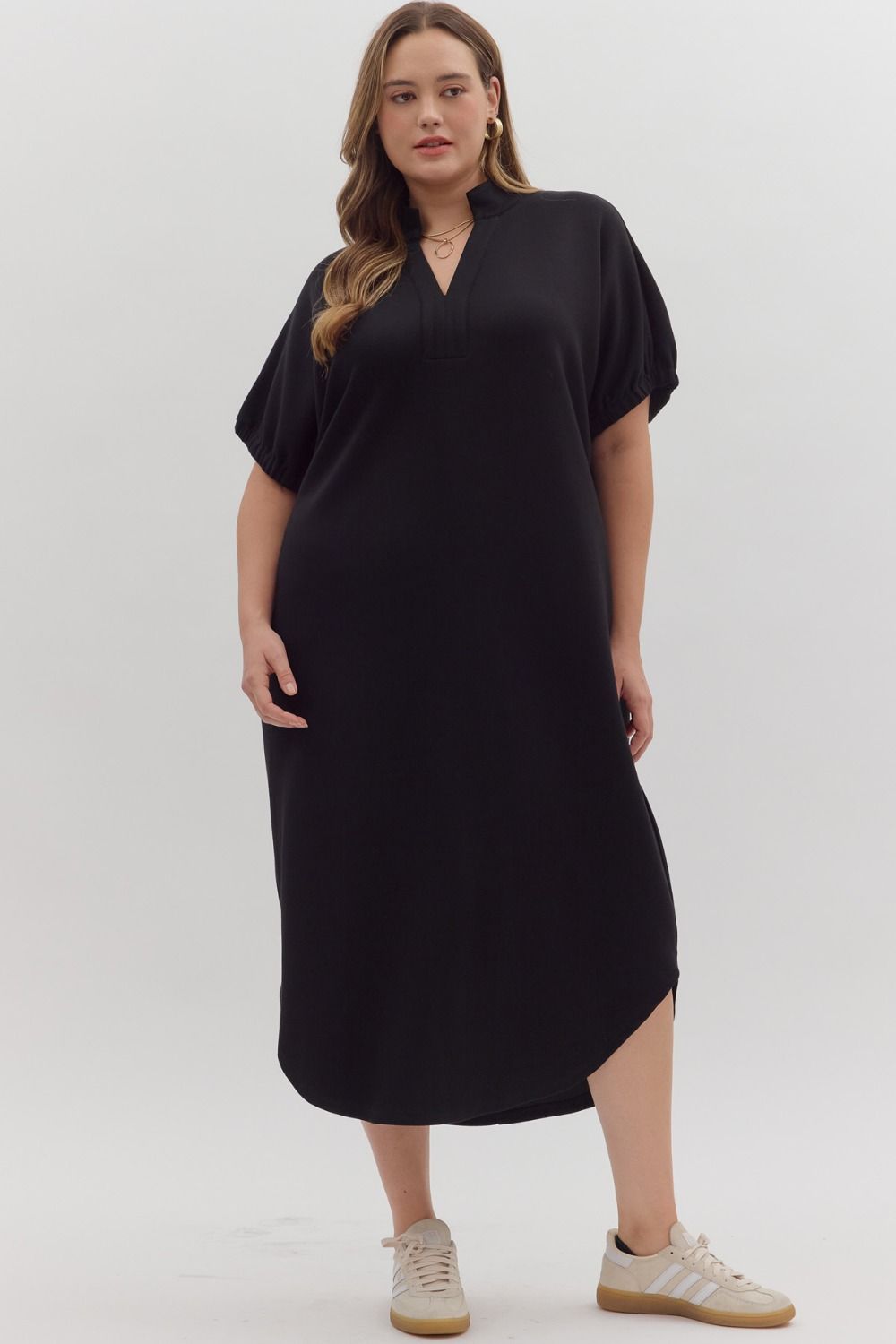 Entro Solid Short Sleeve Midi Dress With V Neck Collar In Black PLUS Size *COMING SOON*
