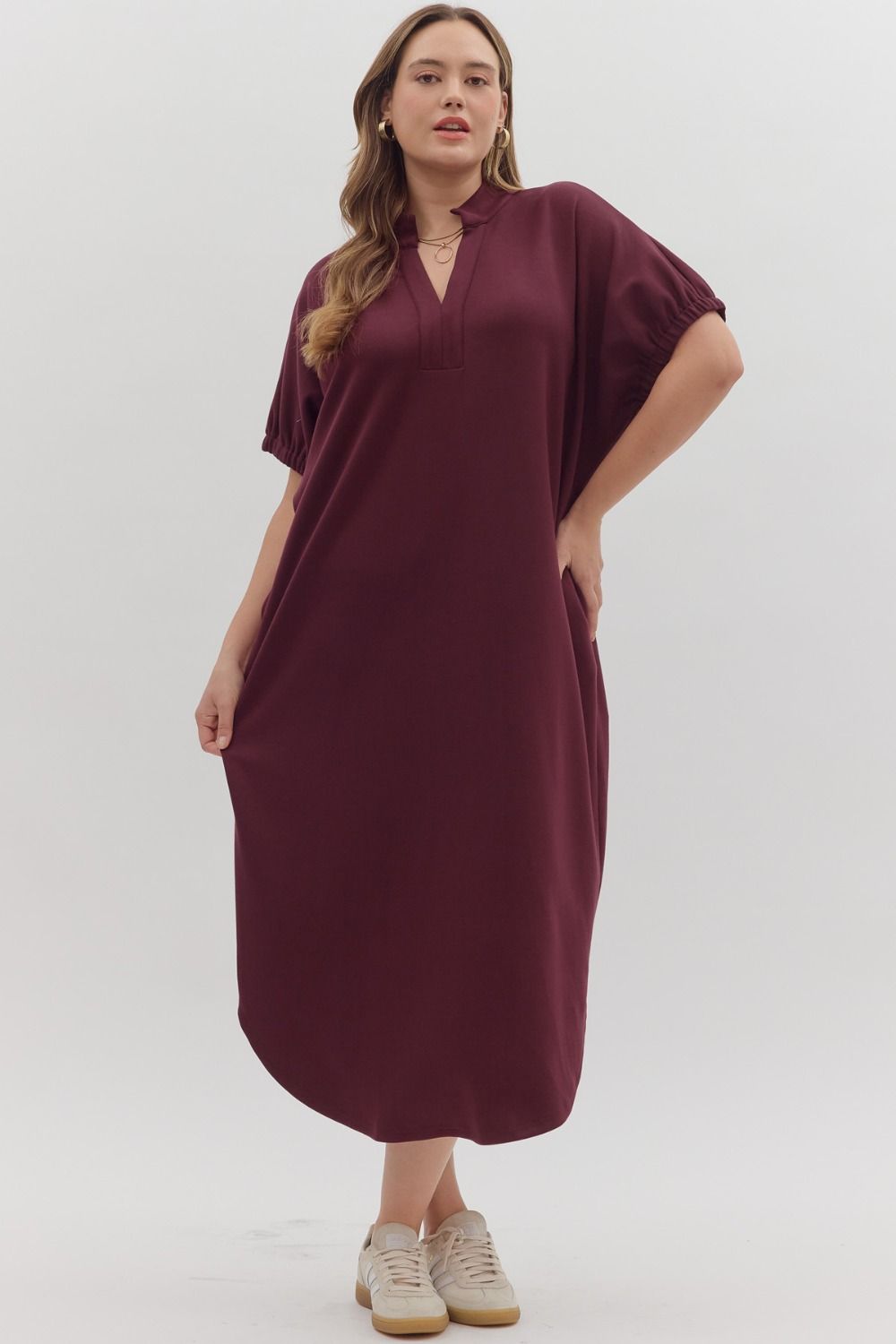 Entro Solid Short Sleeve Midi Dress With V Neck Collar In Burgundy PLUS Size *COMING SOON*