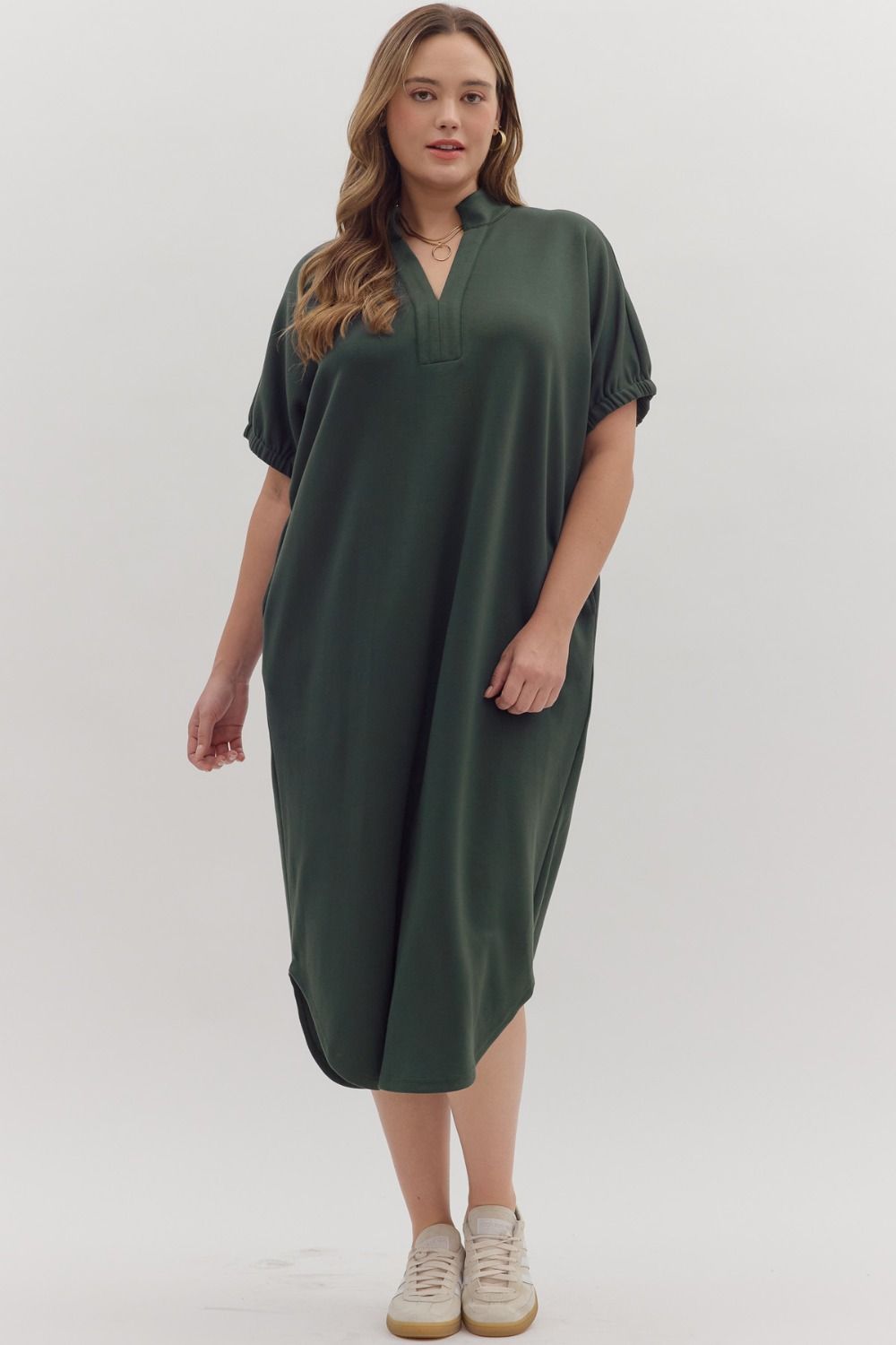 Entro Solid Short Sleeve Midi Dress With V Neck Collar In Forest PLUS Size *COMING SOON*