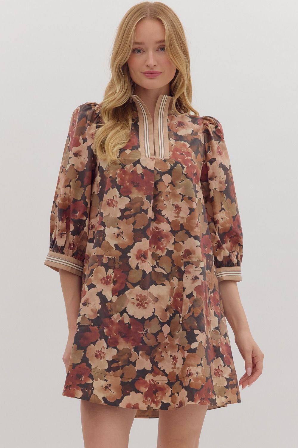 ENTRO Floral Puff Sleeve Mini Dress With Striped Accents In Brown *COMING SOON*