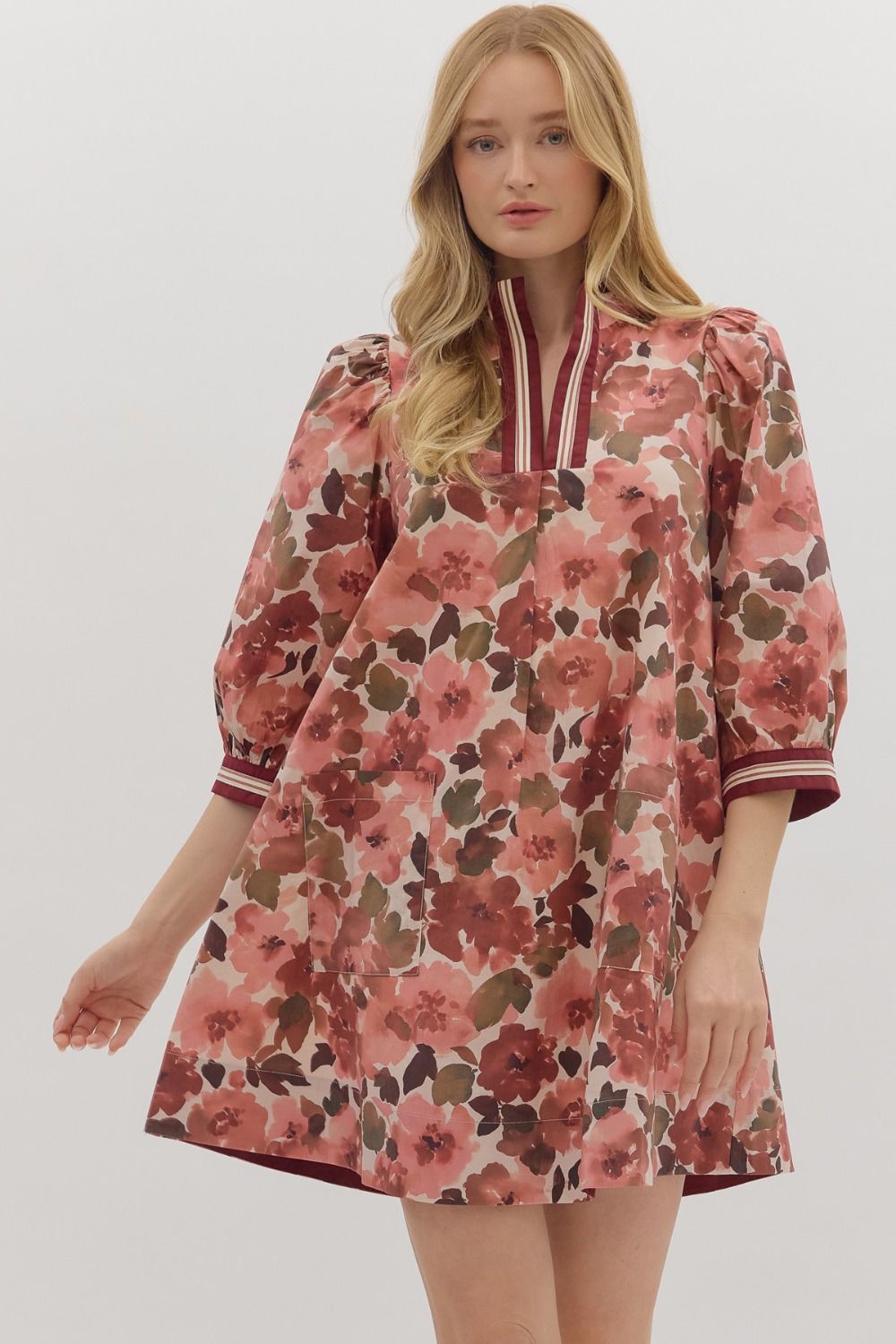 ENTRO Floral Puff Sleeve Mini Dress With Striped Accents In Wine *COMING SOON*