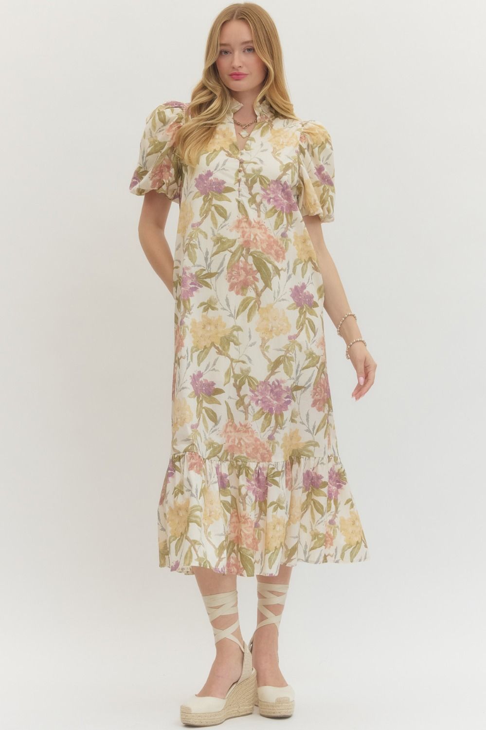 Entro Floral Print Ruffle Neck Midi Dress In Ecru