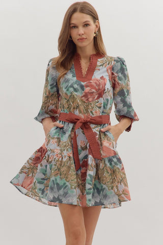 Entro Botanical Print 3/4 Sleeve Mini Dress In Chestnut  *COMING SOON*