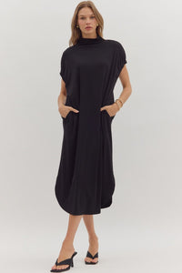 Entro Solid Short Sleeve Midi Dress With Mock Neck In Black  *COMING SOON*