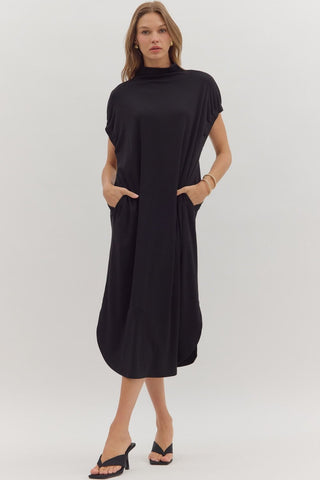 Entro Solid Short Sleeve Midi Dress With Mock Neck In Black  *COMING SOON*