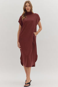 Entro Solid Short Sleeve Midi Dress With Mock Neck In Burgundy *COMING SOON*