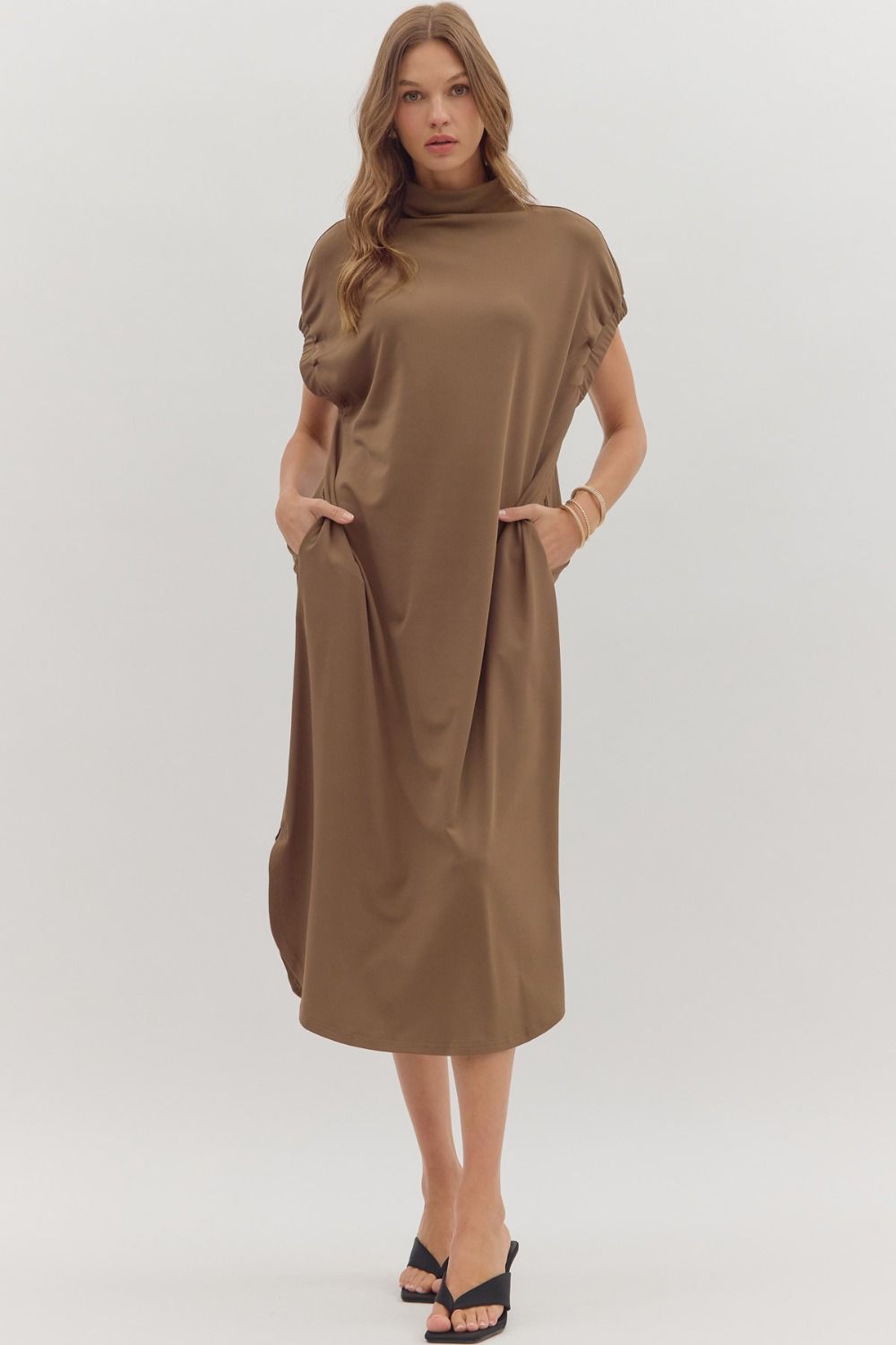 Entro Solid Short Sleeve Midi Dress With Mock Neck In Mocha *COMING SOON*