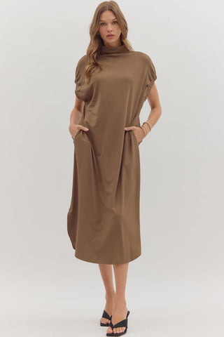 Entro Solid Short Sleeve Midi Dress With Mock Neck In Mocha *COMING SOON*