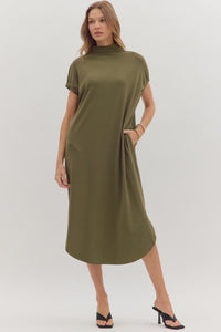 Entro Solid Short Sleeve Midi Dress With Mock Neck In Olive *COMING SOON*