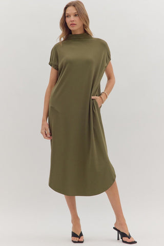 Entro Solid Short Sleeve Midi Dress With Mock Neck In Olive *COMING SOON*