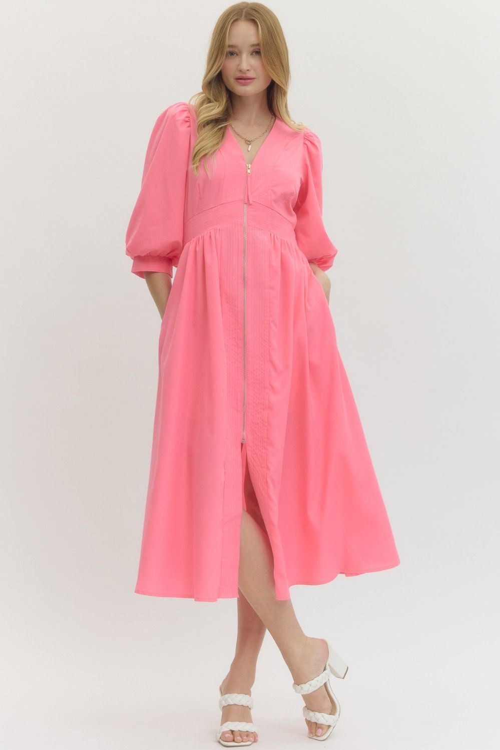 Entro Solid 3/4 Sleeve Midi Dress With Smocked Waist In Pink