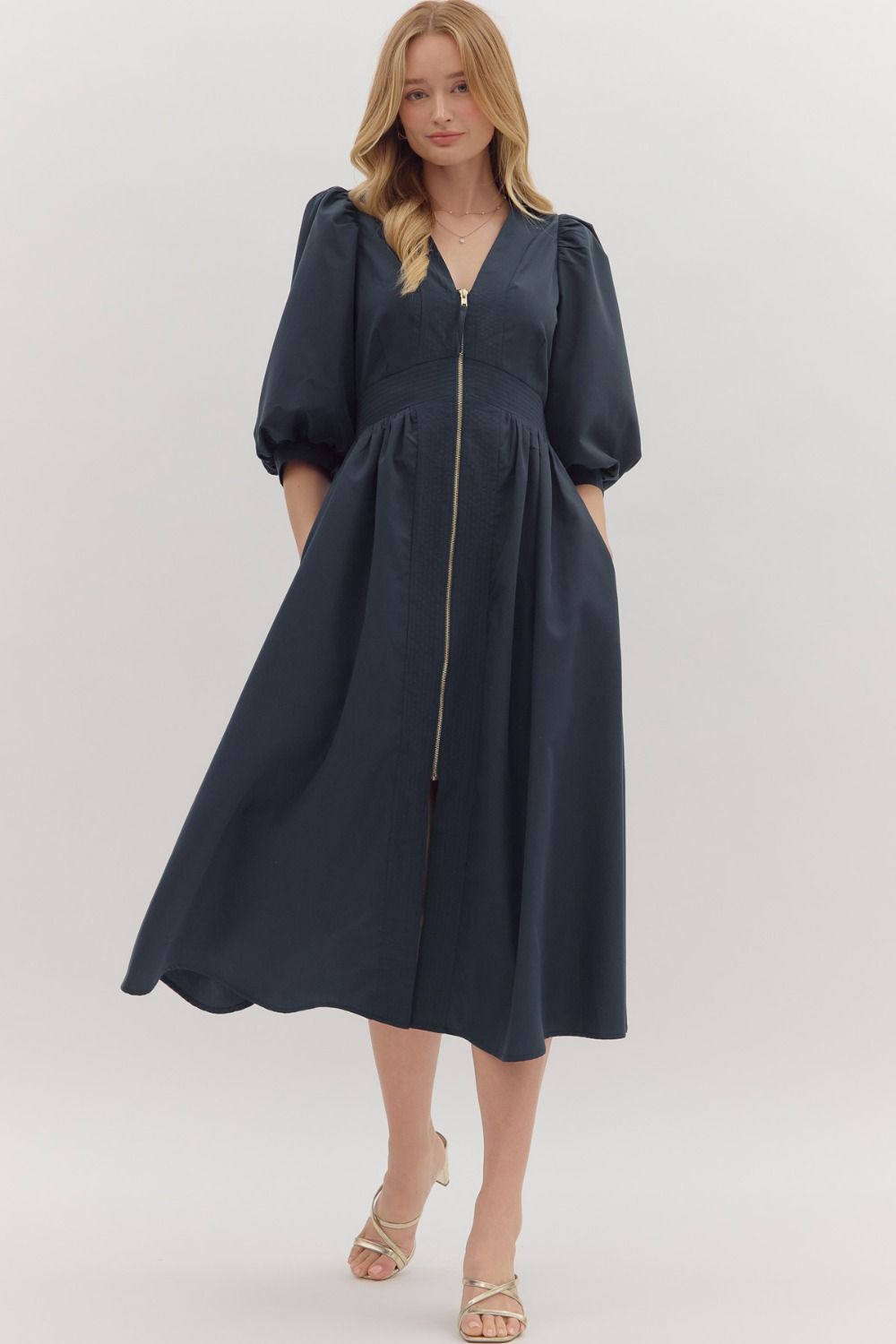 Entro Solid 3/4 Sleeve Midi Dress With Smocked Waistband In Navy  *COMING SOON*