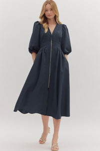 Entro Solid 3/4 Sleeve Midi Dress With Smocked Waistband In Navy  *COMING SOON*
