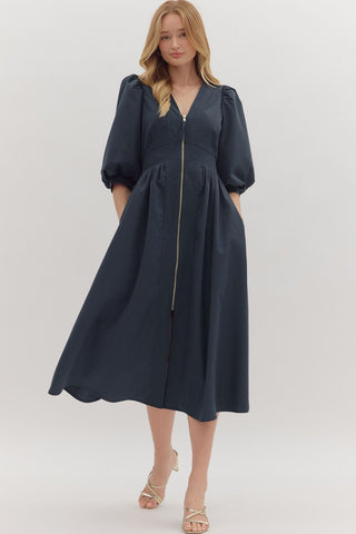Entro Solid 3/4 Sleeve Midi Dress With Smocked Waistband In Navy  *COMING SOON*