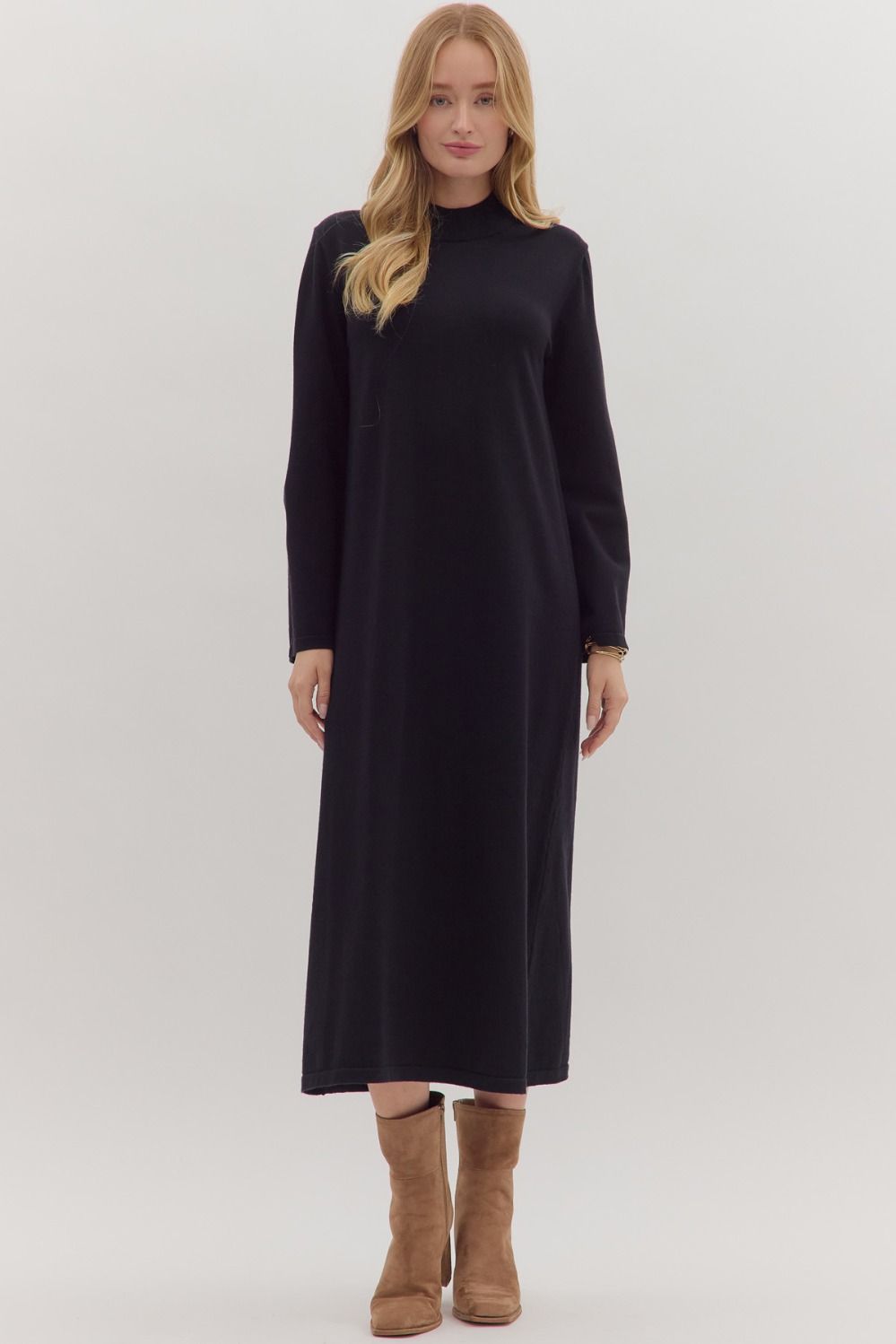 ENTRO Solid Mock Neck Long Sleeve Midi Dress In Black