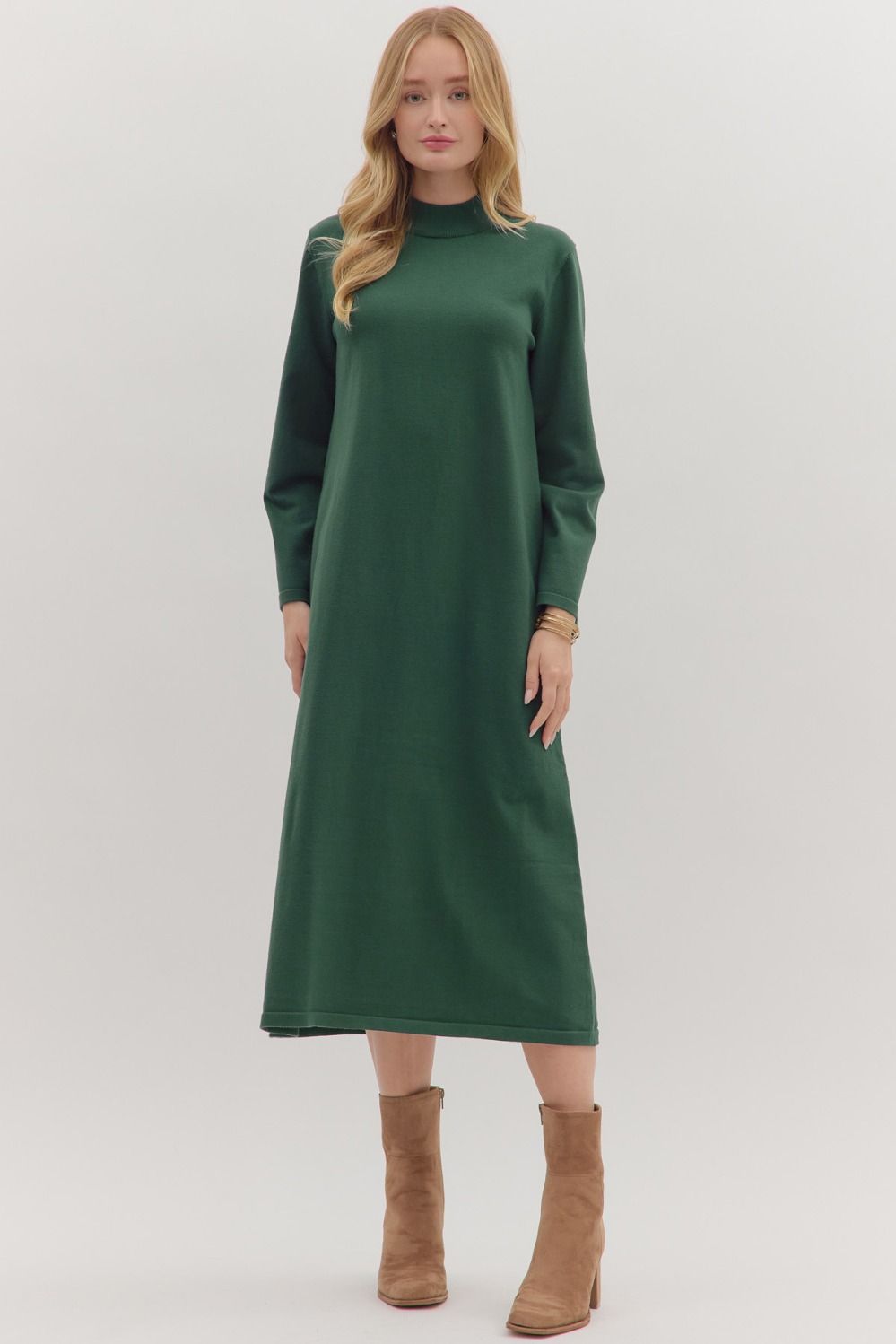 ENTRO Solid Mock Neck Long Sleeve Midi Dress In Pine