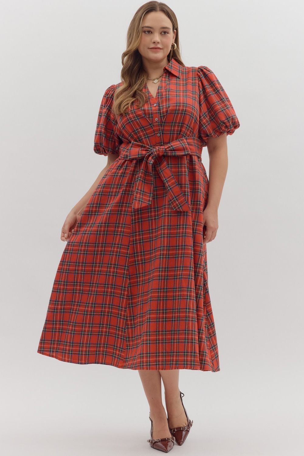 Entro Plaid Puff Sleeve Tie Waist Midi Dress In Red PLUS Size *COMING SOON*
