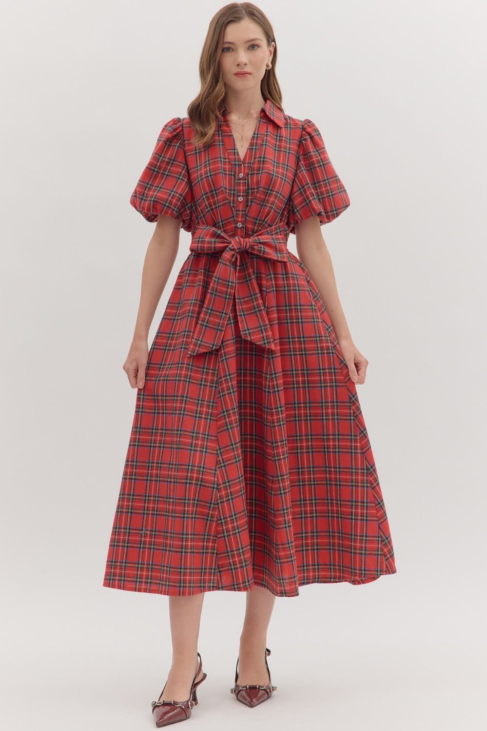 ENTRO Red Plaid Midi Dress With Tie Waist In Red *COMING SOON*