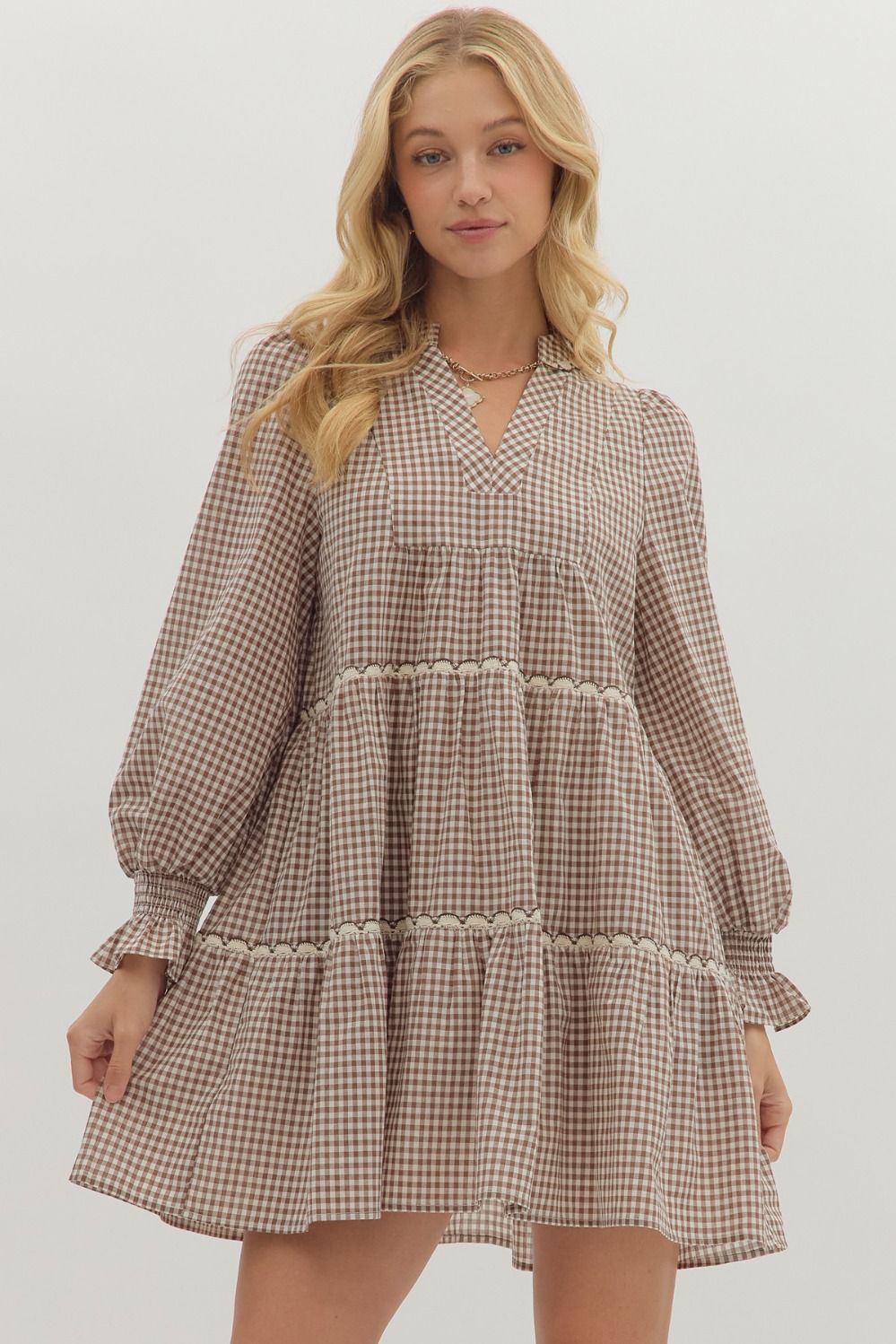 Entro Gingham Long Sleeve Mini Dress In Brown *COMING SOON*