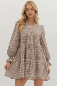 Entro Gingham Long Sleeve Mini Dress In Brown *COMING SOON*
