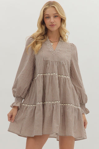 Entro Gingham Long Sleeve Mini Dress In Brown *COMING SOON*