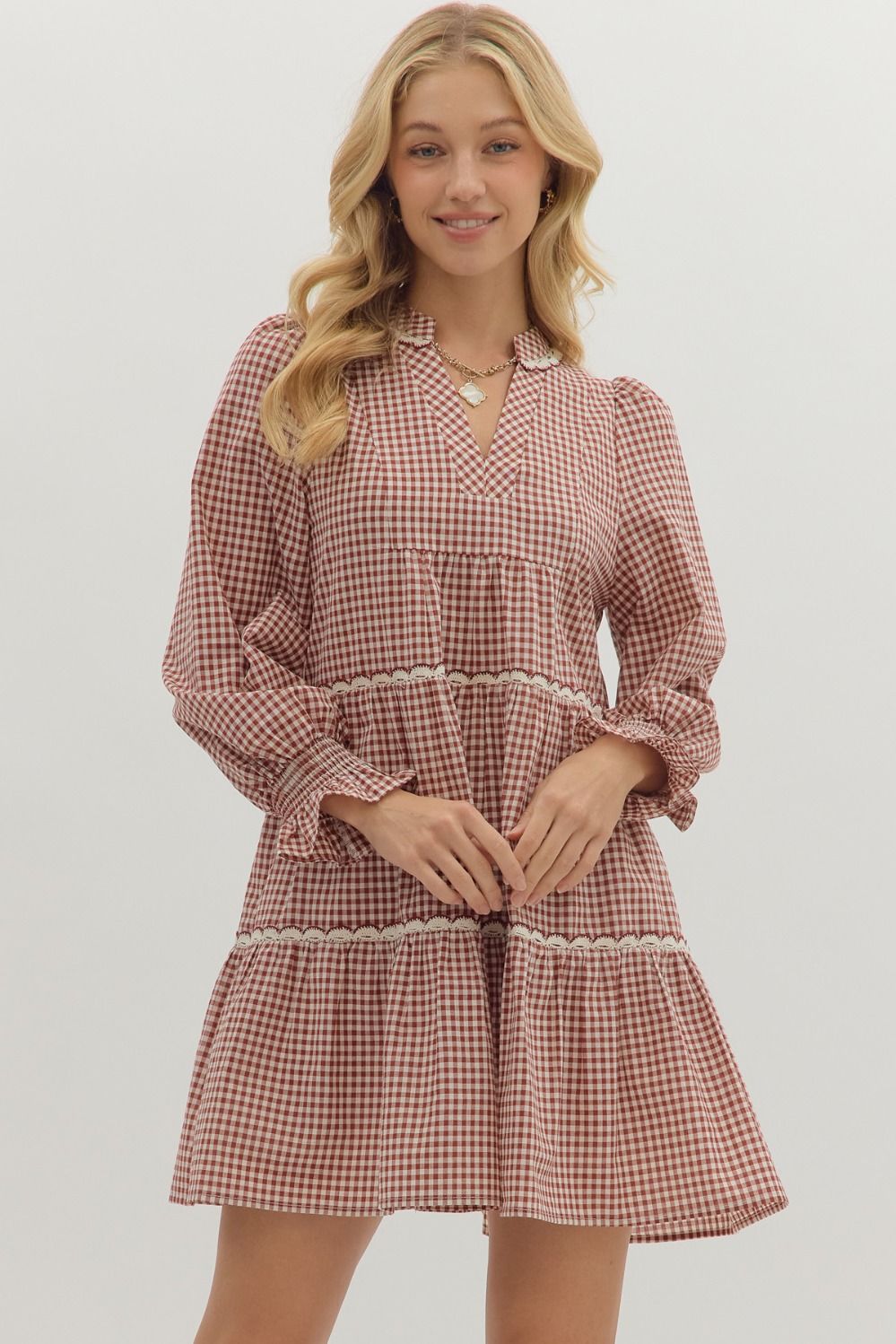 Entro Gingham Long Sleeve Mini Dress In Burgundy *COMING SOON*