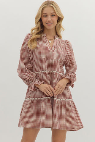 Entro Gingham Long Sleeve Mini Dress In Burgundy *COMING SOON*