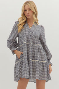 Entro Gingham Long Sleeve Mini Dress In Navy *COMING SOON*