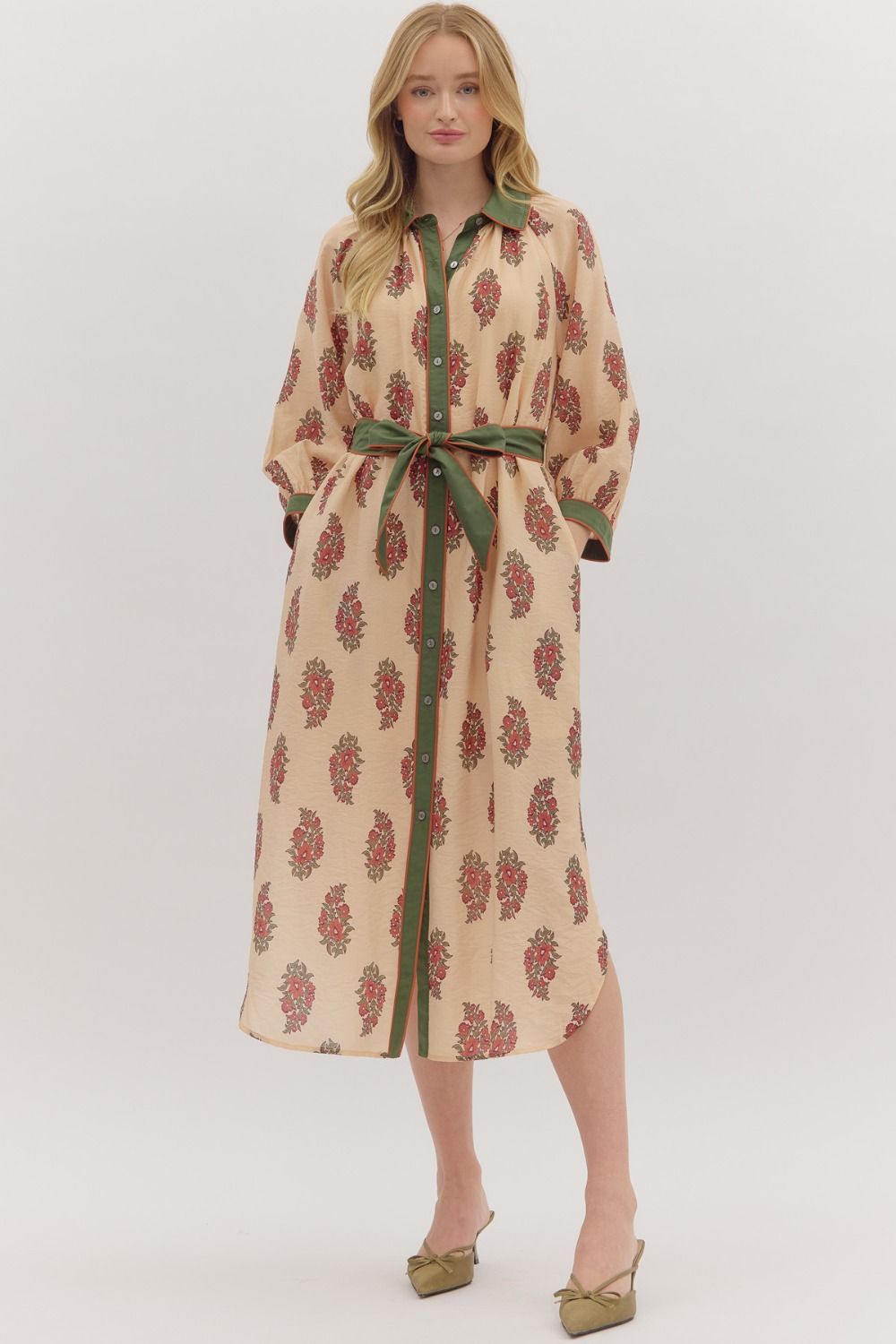 ENTRO Botanical Print 3/4 Sleeve Midi Dress In Ecru