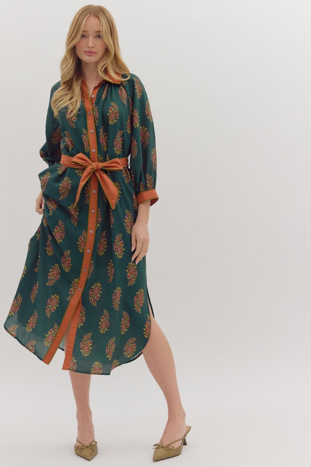 ENTRO Botanical Print 3/4 Sleeve Midi Dress In Hunter Green